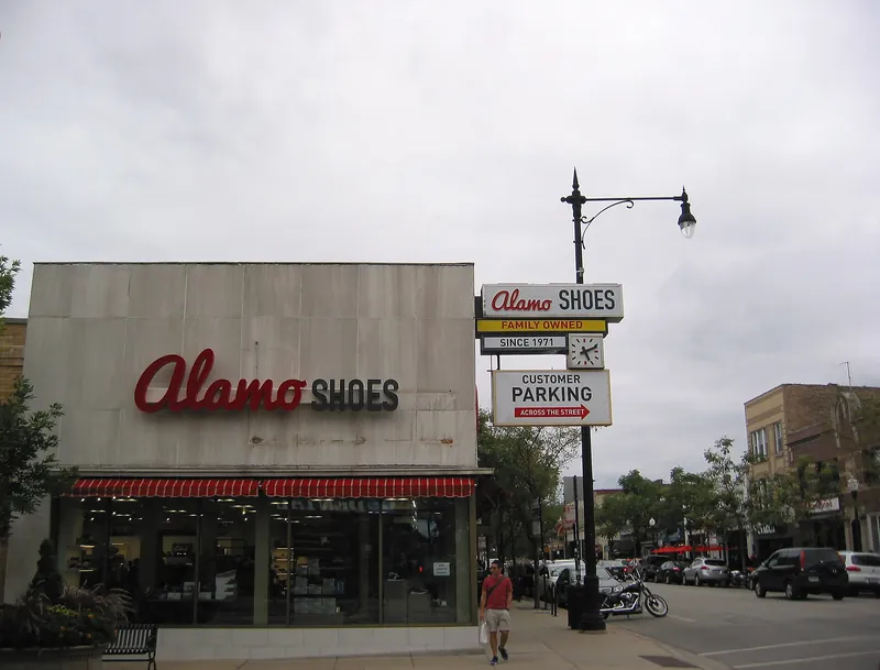Alamo Shoes storefront on Clark Street under an overcast sky
