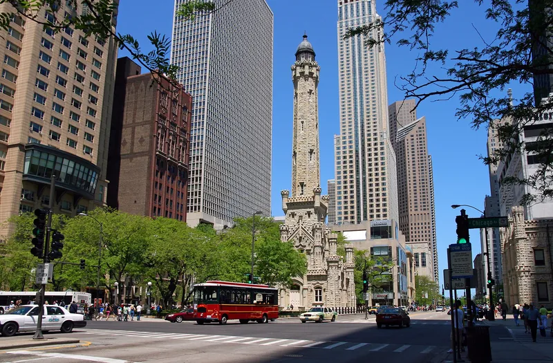 The old Chicago Water Tower on Michigan Avenue on a sunny day