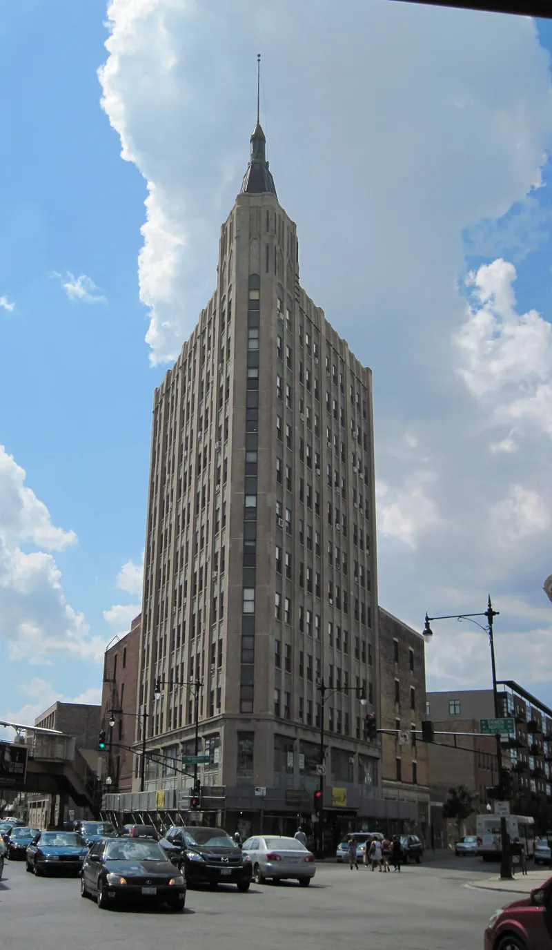 The art deco Northwest Tower at the Wicker Park six-way intersection